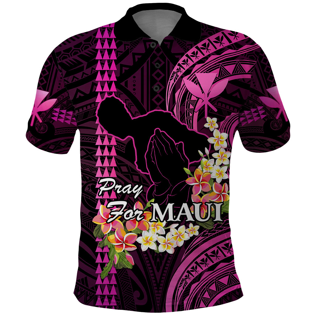 Personalised Hawaii Polo Shirt Pray For Maui Hawaiian Plumeria Be Strong Pink Verison LT14 Pink - Polynesian Pride