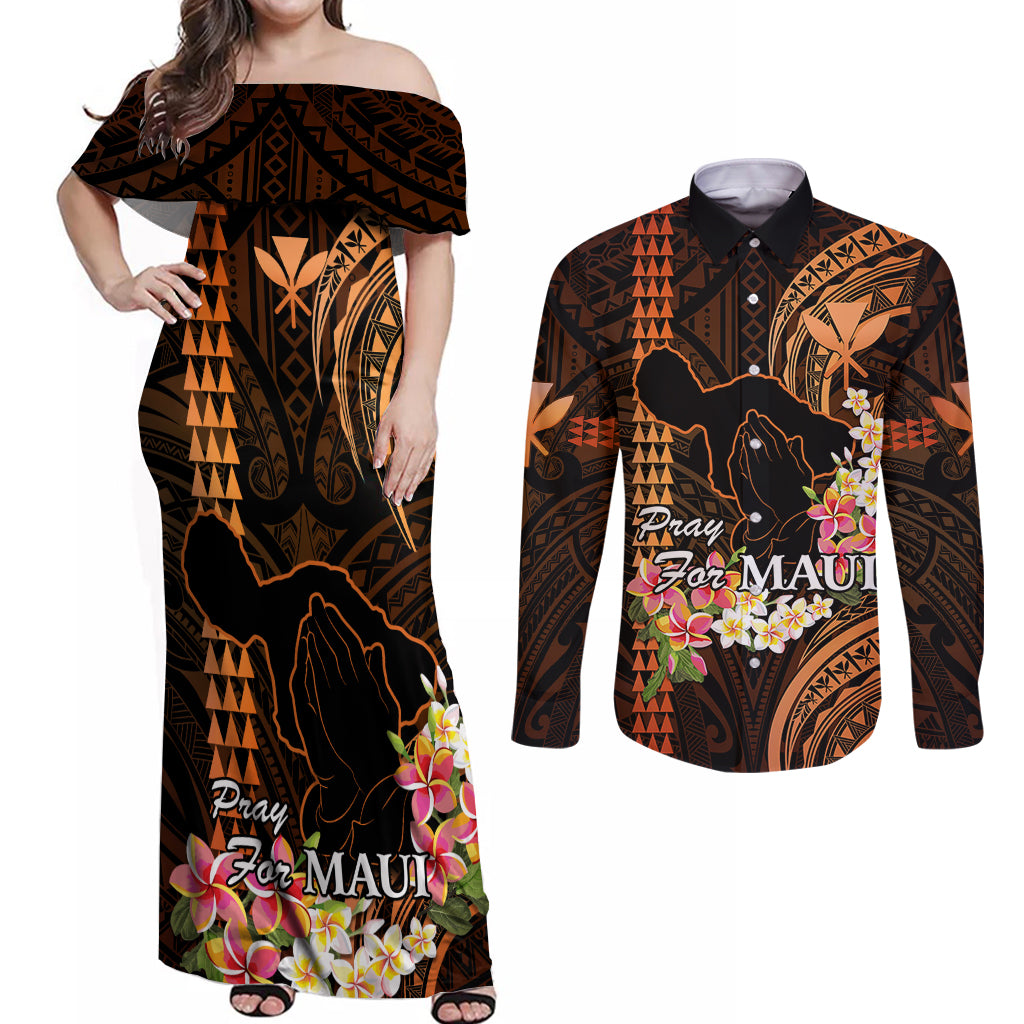 Hawaii Couples Matching Off Shoulder Maxi Dress and Long Sleeve Button Shirts Pray For Maui Hawaiian Plumeria Be Strong Gold Verison LT14 Gold - Polynesian Pride