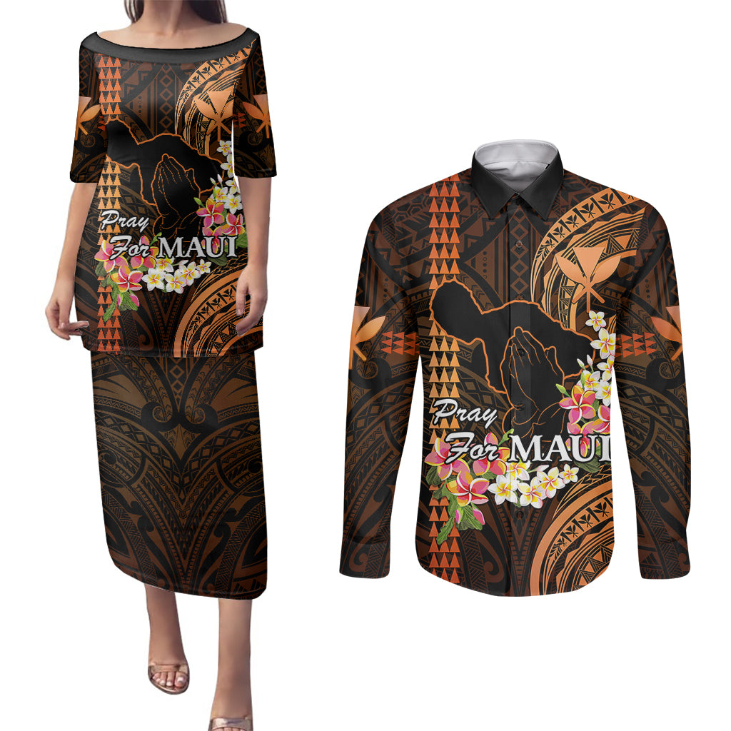 Hawaii Couples Matching Puletasi Dress and Long Sleeve Button Shirts Pray For Maui Hawaiian Plumeria Be Strong Gold Verison LT14 Gold - Polynesian Pride