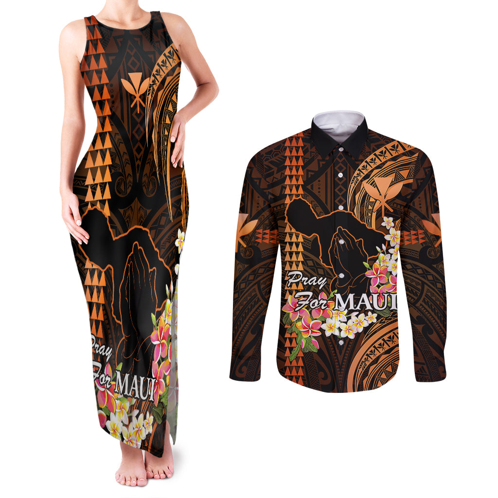 Hawaii Couples Matching Tank Maxi Dress and Long Sleeve Button Shirts Pray For Maui Hawaiian Plumeria Be Strong Gold Verison LT14 Gold - Polynesian Pride