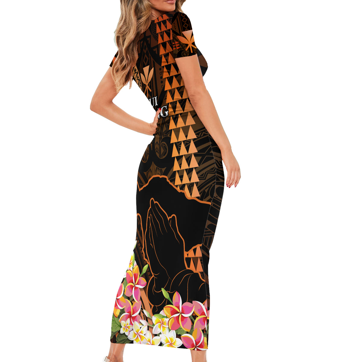 Hawaii Short Sleeve Bodycon Dress Pray For Maui Hawaiian Plumeria Be Strong Gold Verison LT14 - Polynesian Pride