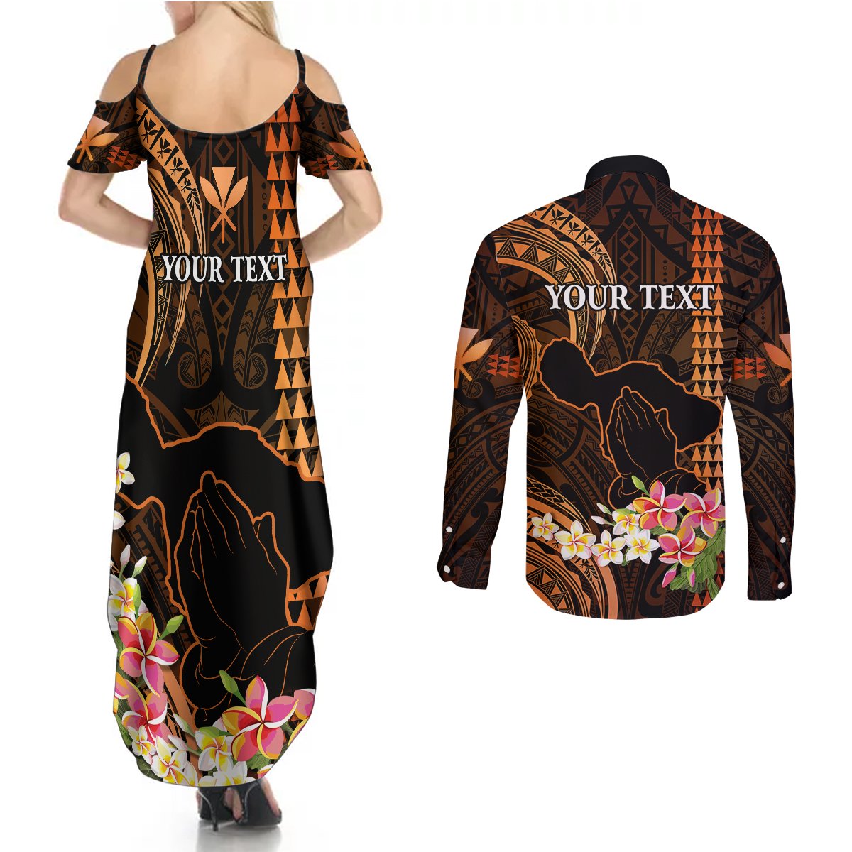 Personalised Hawaii Couples Matching Summer Maxi Dress and Long Sleeve Button Shirts Pray For Maui Hawaiian Plumeria Be Strong Gold Verison LT14 - Polynesian Pride