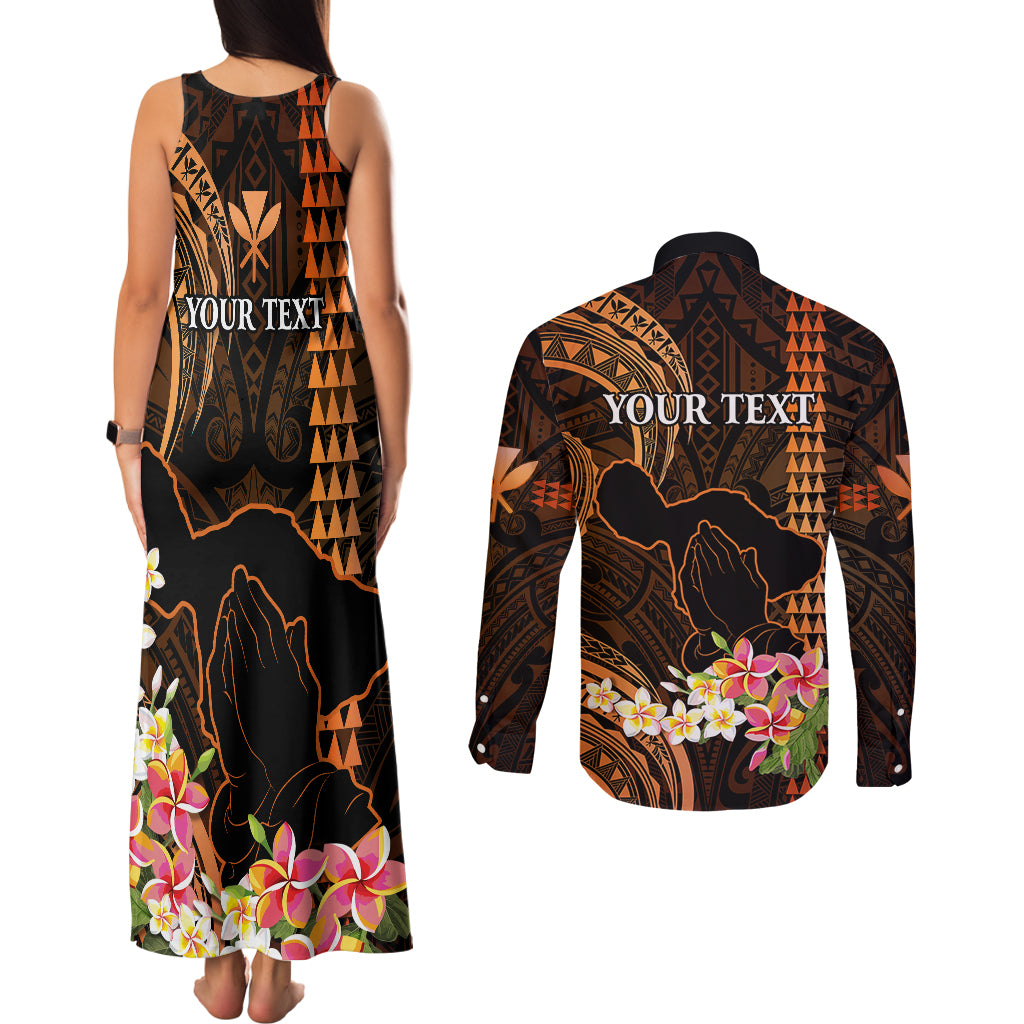 Personalised Hawaii Couples Matching Tank Maxi Dress and Long Sleeve Button Shirts Pray For Maui Hawaiian Plumeria Be Strong Gold Verison LT14 - Polynesian Pride