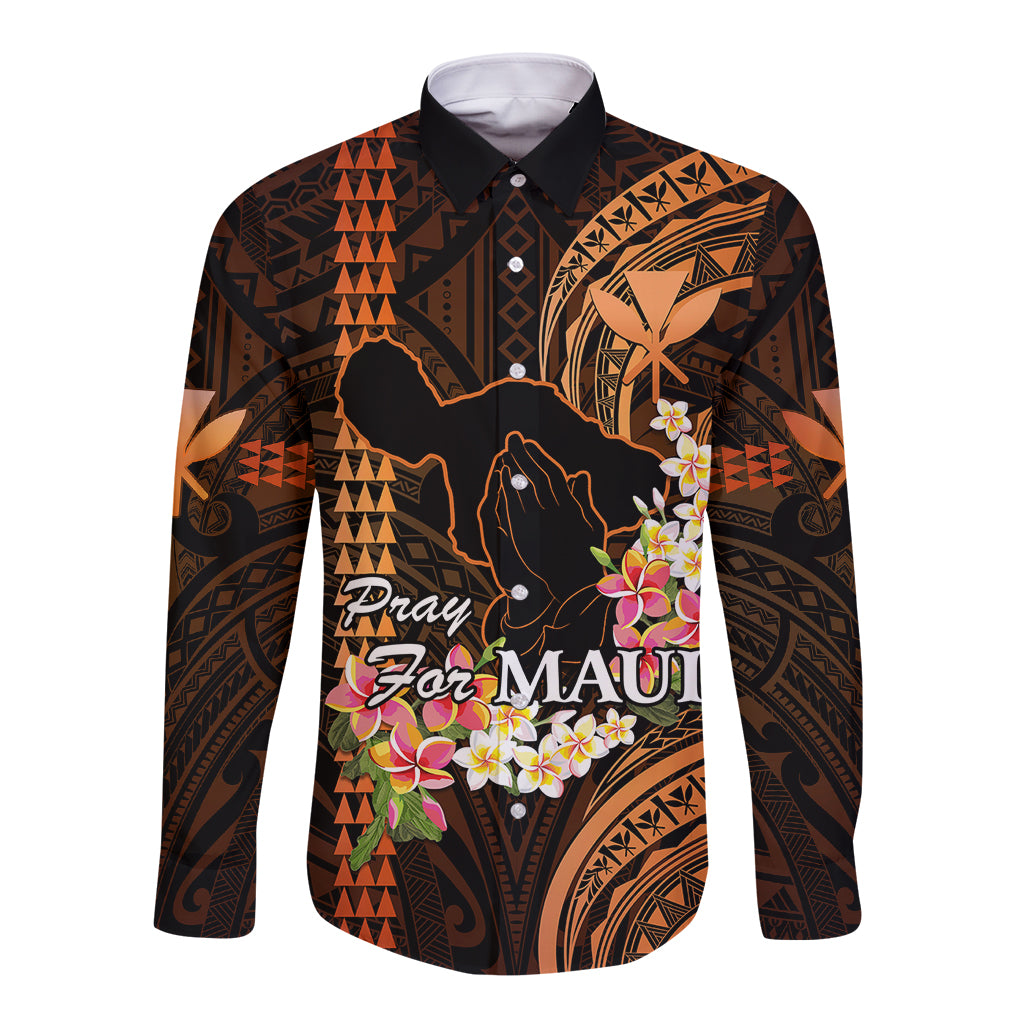 Personalised Hawaii Long Sleeve Button Shirt Pray For Maui Hawaiian Plumeria Be Strong Gold Verison LT14 Unisex Gold - Polynesian Pride