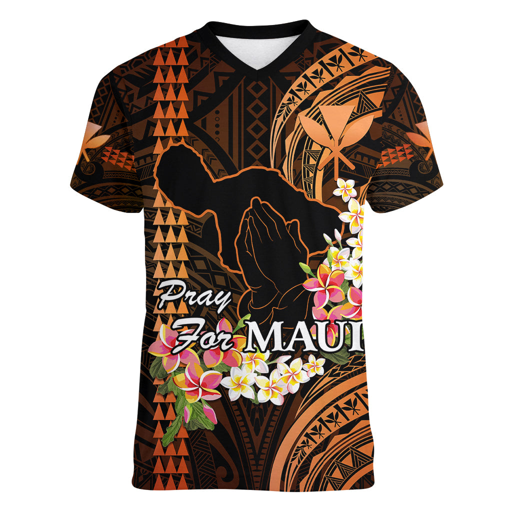 Personalised Hawaii Women V Neck T Shirt Pray For Maui Hawaiian Plumeria Be Strong Gold Verison LT14 Female Gold - Polynesian Pride