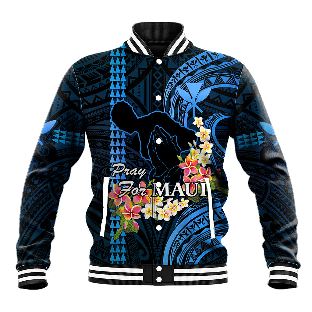 Hawaii Baseball Jacket Pray For Maui Hawaiian Plumeria Be Strong Blue Verison LT14 Unisex Blue - Polynesian Pride
