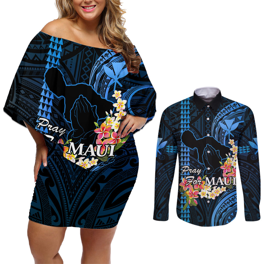 Hawaii Couples Matching Off Shoulder Short Dress and Long Sleeve Button Shirts Pray For Maui Hawaiian Plumeria Be Strong Blue Verison LT14 Blue - Polynesian Pride