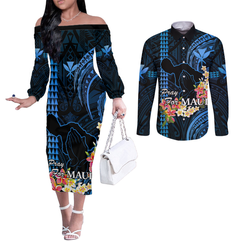 Hawaii Couples Matching Off The Shoulder Long Sleeve Dress and Long Sleeve Button Shirts Pray For Maui Hawaiian Plumeria Be Strong Blue Verison LT14 Blue - Polynesian Pride