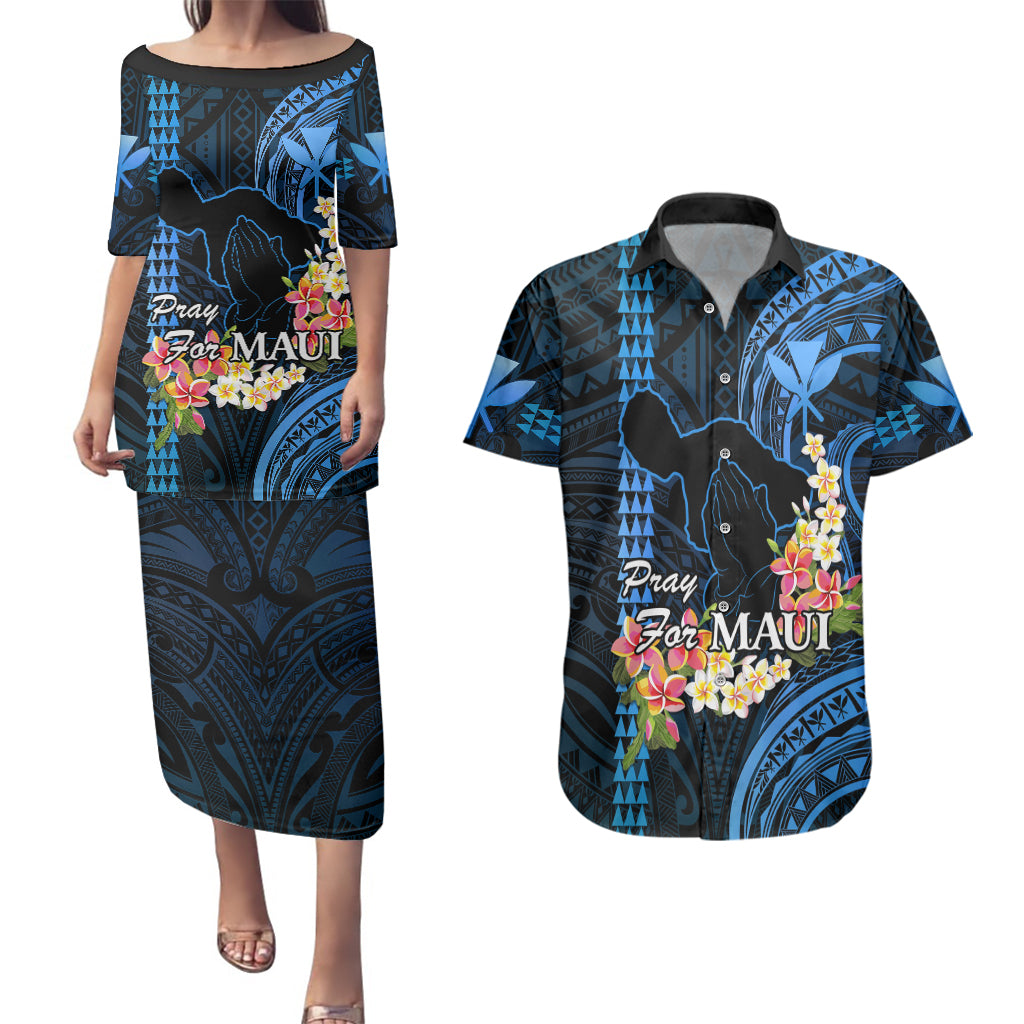 Hawaii Couples Matching Puletasi Dress and Hawaiian Shirt Pray For Maui Hawaiian Plumeria Be Strong Blue Verison LT14 Blue - Polynesian Pride