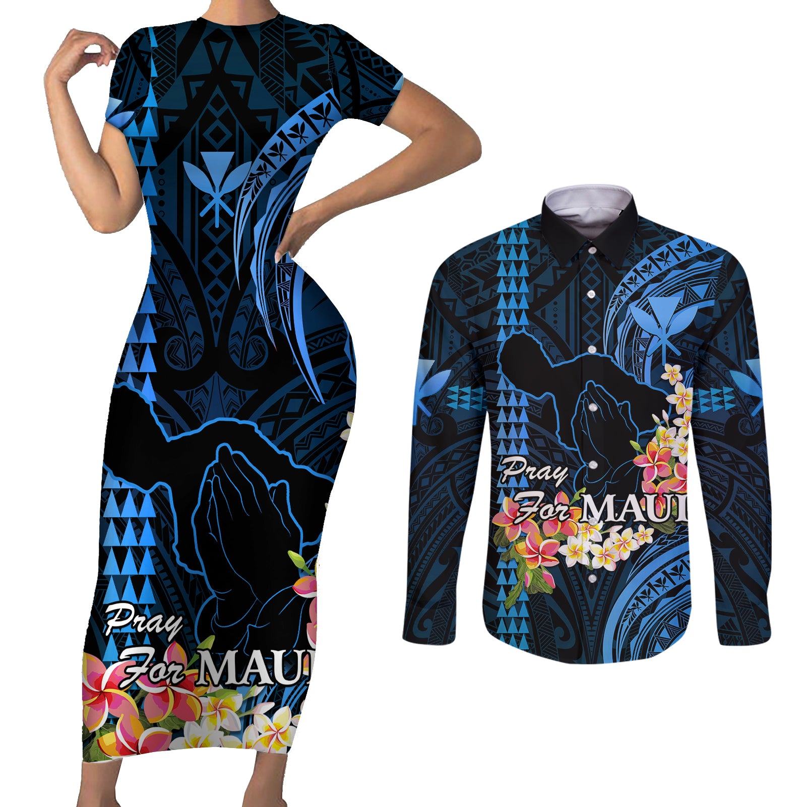 Hawaii Couples Matching Short Sleeve Bodycon Dress and Long Sleeve Button Shirts Pray For Maui Hawaiian Plumeria Be Strong Blue Verison LT14 Blue - Polynesian Pride