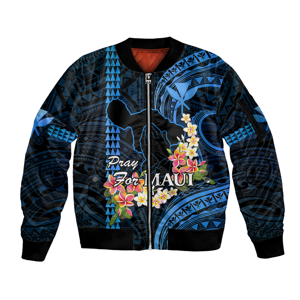 Hawaii Sleeve Zip Bomber Jacket Pray For Maui Hawaiian Plumeria Be Strong Blue Verison LT14 Unisex Blue - Polynesian Pride