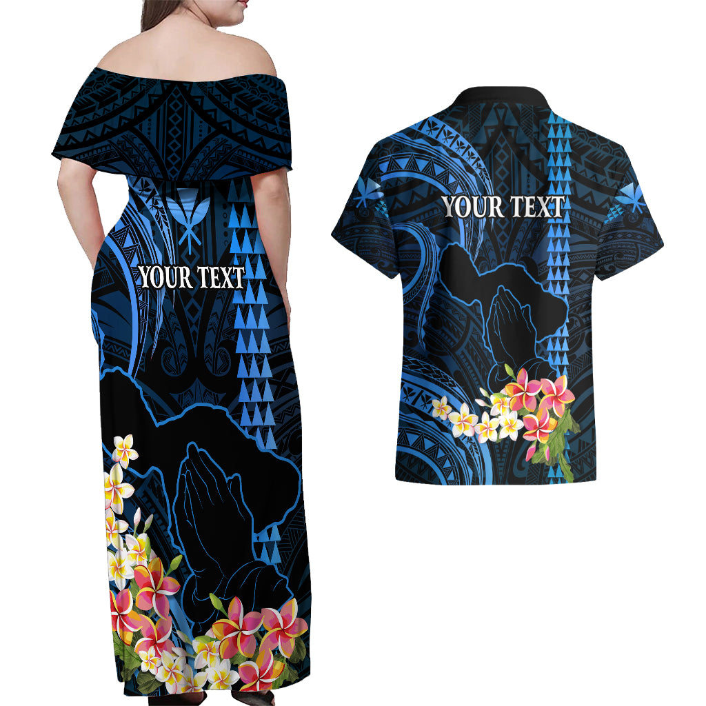 Personalised Hawaii Couples Matching Off Shoulder Maxi Dress and Hawaiian Shirt Pray For Maui Hawaiian Plumeria Be Strong Blue Verison LT14 - Polynesian Pride