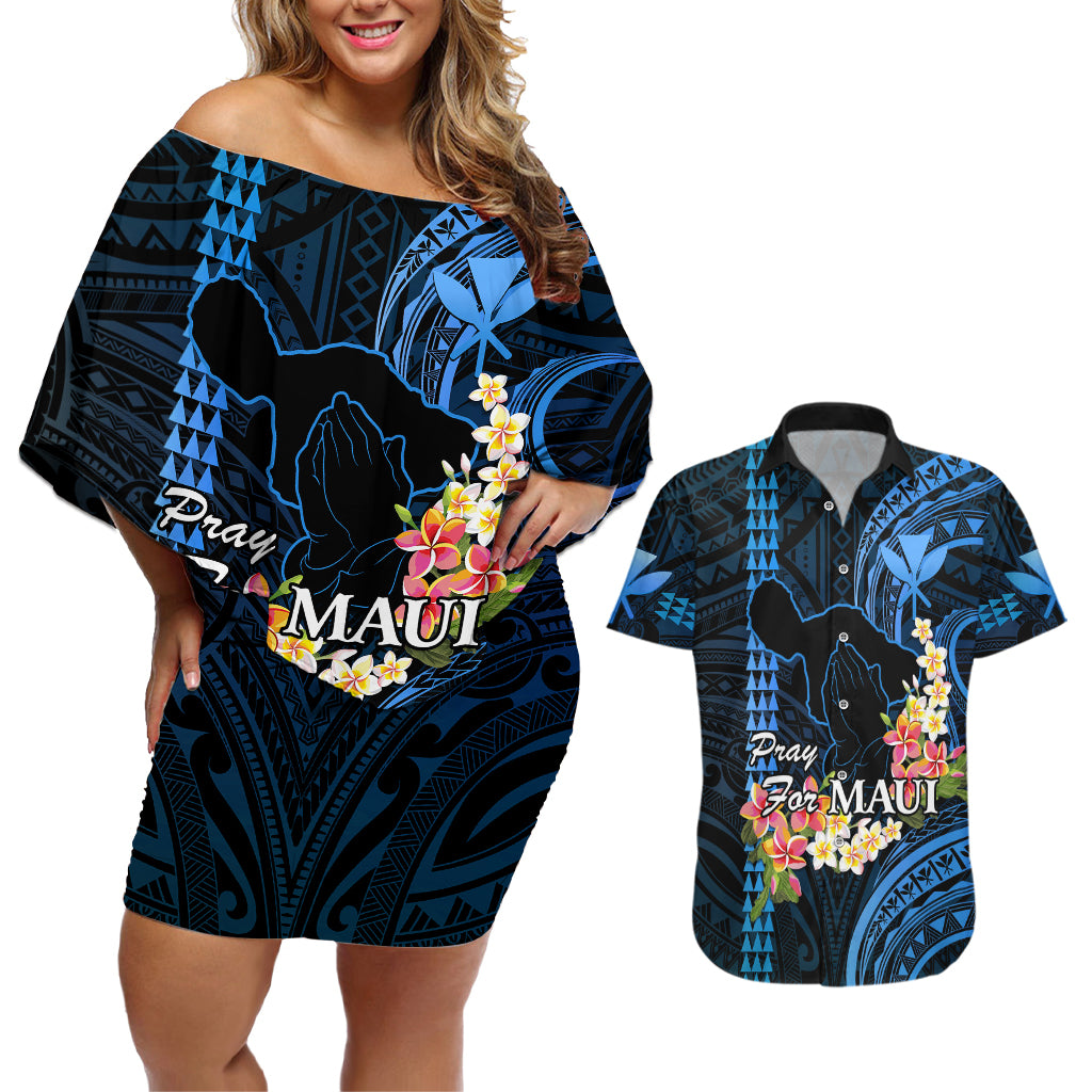 Personalised Hawaii Couples Matching Off Shoulder Short Dress and Hawaiian Shirt Pray For Maui Hawaiian Plumeria Be Strong Blue Verison LT14 Blue - Polynesian Pride
