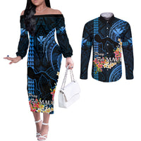 Personalised Hawaii Couples Matching Off The Shoulder Long Sleeve Dress and Long Sleeve Button Shirts Pray For Maui Hawaiian Plumeria Be Strong Blue Verison LT14 Blue - Polynesian Pride