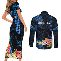 Personalised Hawaii Couples Matching Short Sleeve Bodycon Dress and Long Sleeve Button Shirts Pray For Maui Hawaiian Plumeria Be Strong Blue Verison LT14 - Polynesian Pride