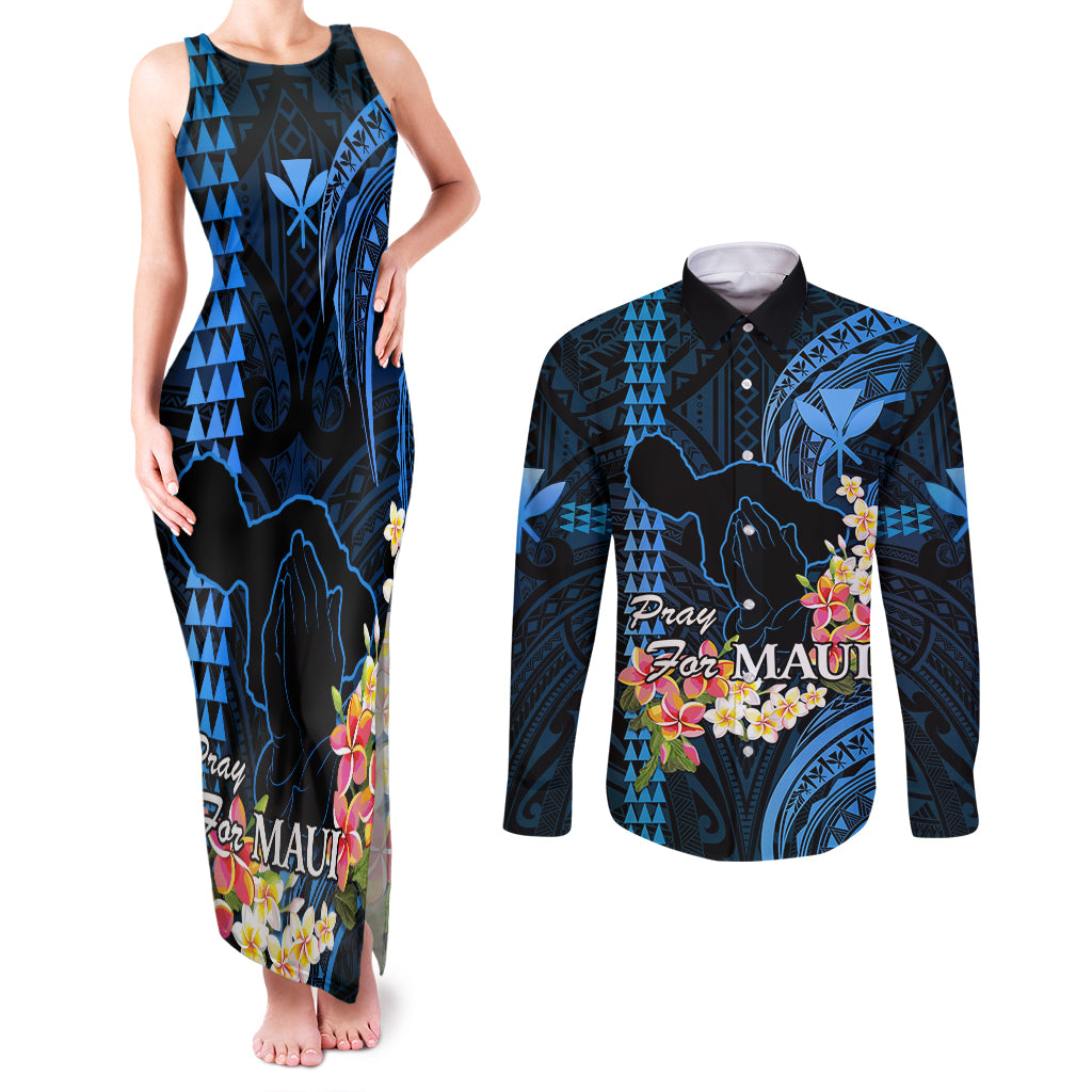 Personalised Hawaii Couples Matching Tank Maxi Dress and Long Sleeve Button Shirts Pray For Maui Hawaiian Plumeria Be Strong Blue Verison LT14 Blue - Polynesian Pride