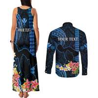 Personalised Hawaii Couples Matching Tank Maxi Dress and Long Sleeve Button Shirts Pray For Maui Hawaiian Plumeria Be Strong Blue Verison LT14 - Polynesian Pride