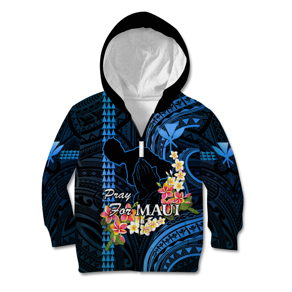 Personalised Hawaii Kid Hoodie Pray For Maui Hawaiian Plumeria Be Strong Blue Verison LT14 Zip Hoodie Blue - Polynesian Pride