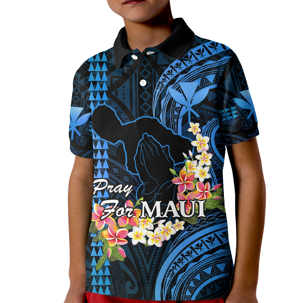 Personalised Hawaii Kid Polo Shirt Pray For Maui Hawaiian Plumeria Be Strong Blue Verison LT14 Kid Blue - Polynesian Pride