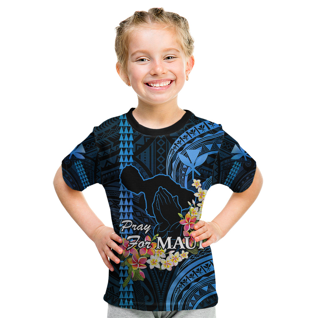 Personalised Hawaii Kid T Shirt Pray For Maui Hawaiian Plumeria Be Strong Blue Verison LT14 Blue - Polynesian Pride