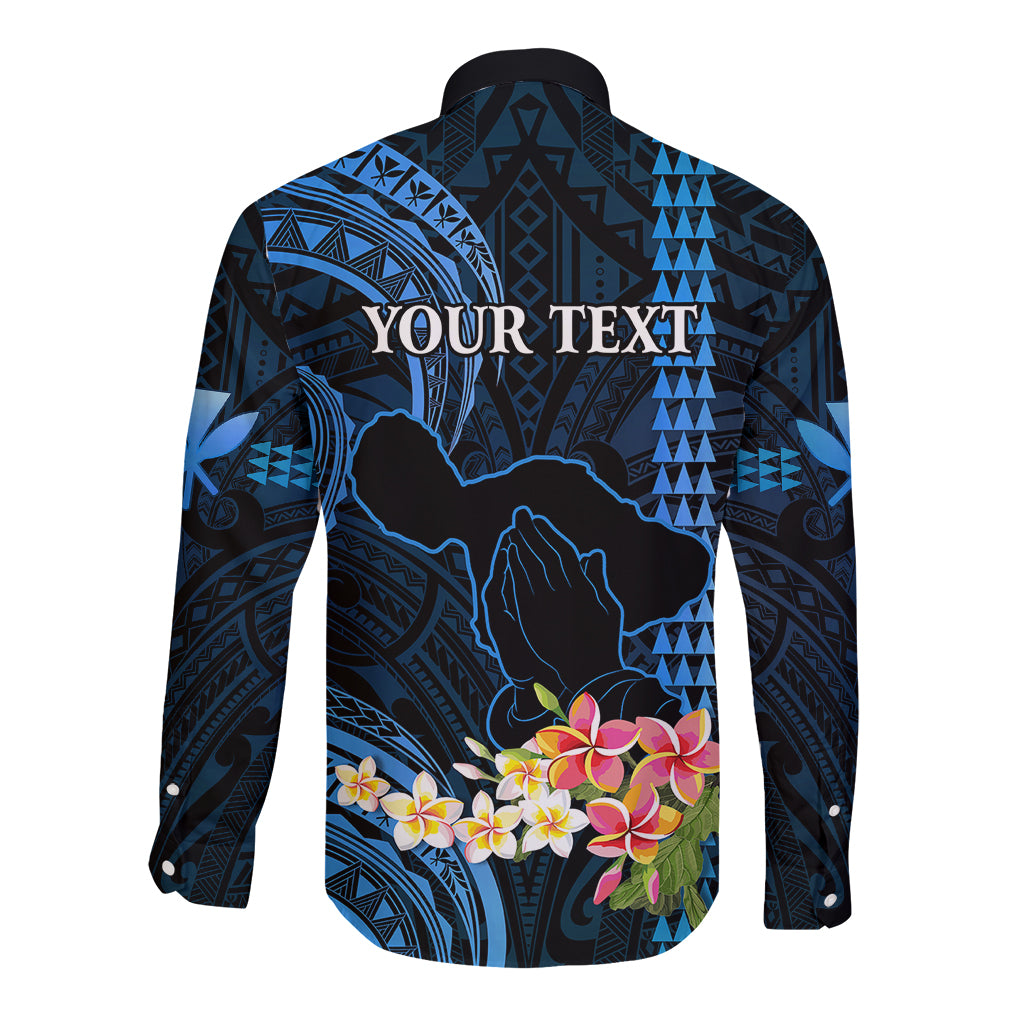 Personalised Hawaii Long Sleeve Button Shirt Pray For Maui Hawaiian Plumeria Be Strong Blue Verison LT14 - Polynesian Pride