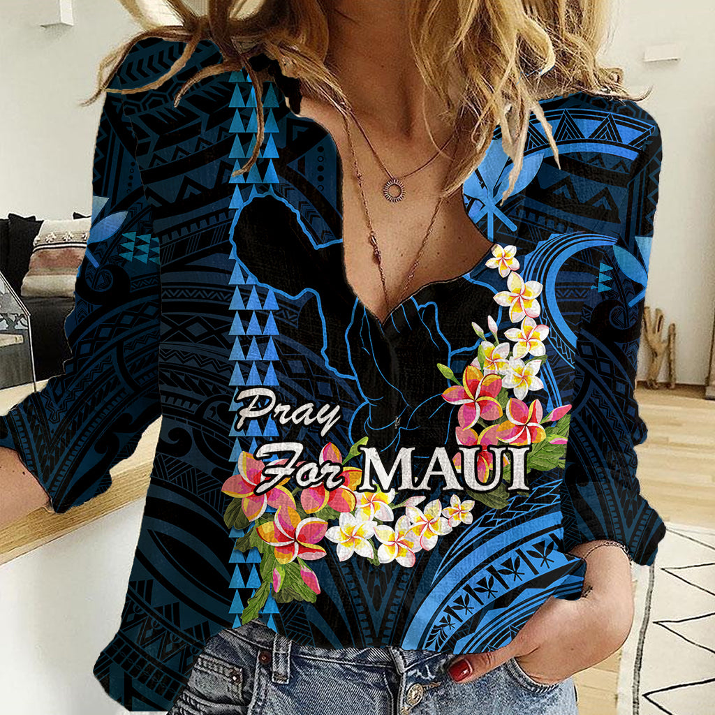 Personalised Hawaii Women Casual Shirt Pray For Maui Hawaiian Plumeria Be Strong Blue Verison LT14 Female Blue - Polynesian Pride