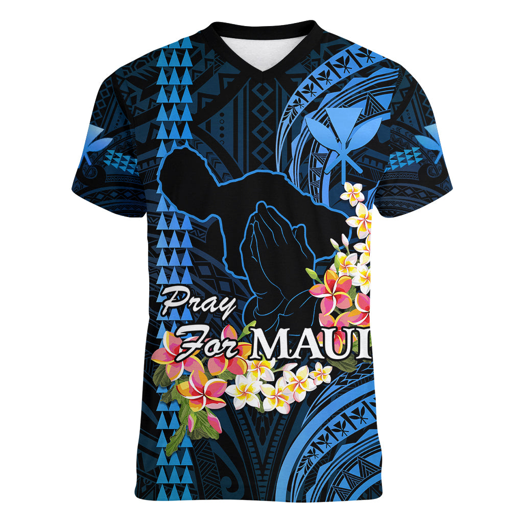 Personalised Hawaii Women V Neck T Shirt Pray For Maui Hawaiian Plumeria Be Strong Blue Verison LT14 Female Blue - Polynesian Pride