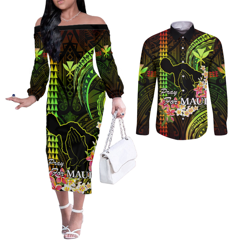 Hawaii Couples Matching Off The Shoulder Long Sleeve Dress and Long Sleeve Button Shirts Pray For Maui Hawaiian Plumeria Be Strong Reggae Verison LT14 Reggae - Polynesian Pride