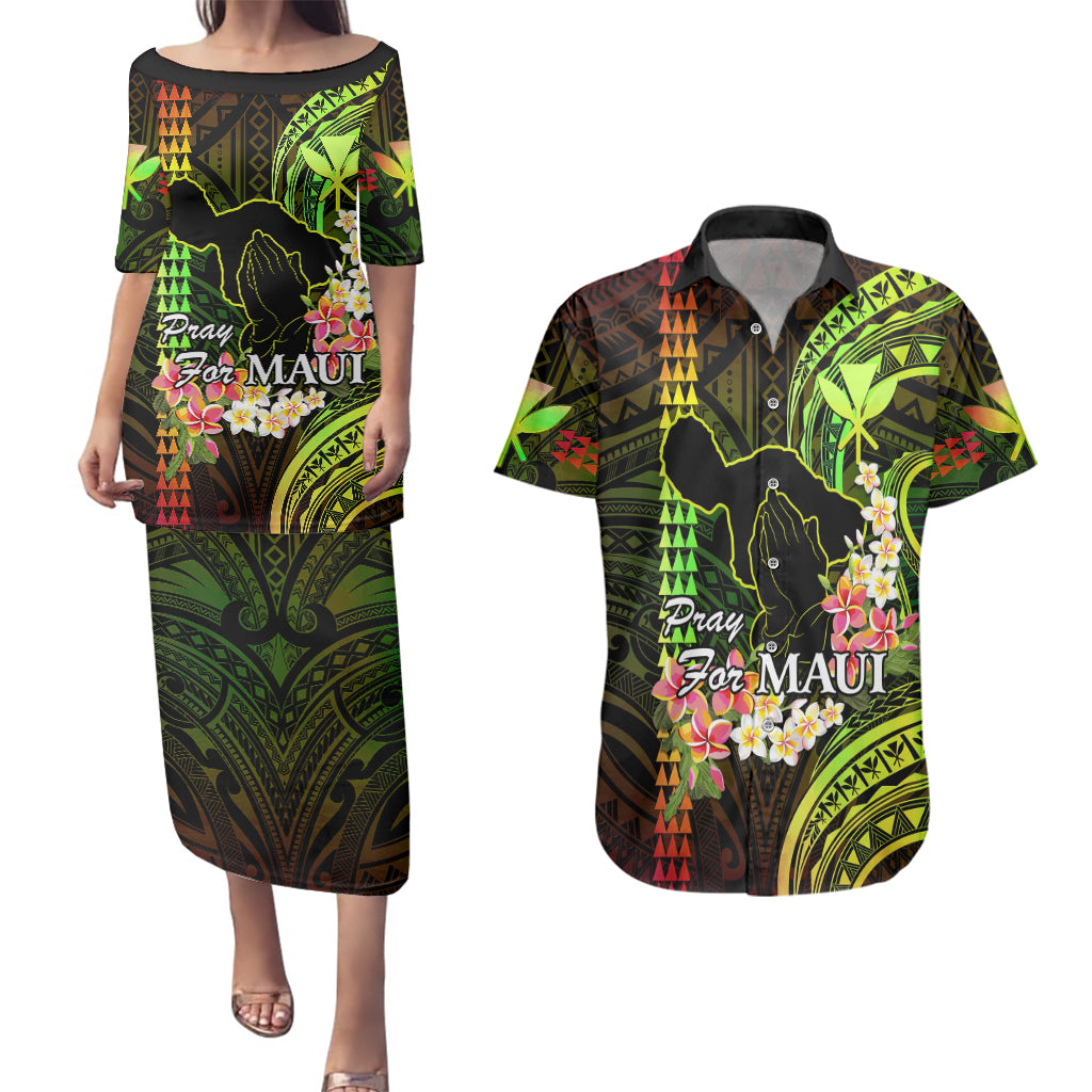 Hawaii Couples Matching Puletasi Dress and Hawaiian Shirt Pray For Maui Hawaiian Plumeria Be Strong Reggae Verison LT14 Reggae - Polynesian Pride
