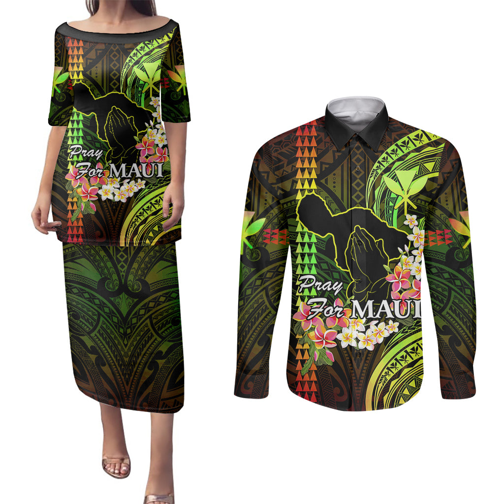 Hawaii Couples Matching Puletasi Dress and Long Sleeve Button Shirts Pray For Maui Hawaiian Plumeria Be Strong Reggae Verison LT14 Reggae - Polynesian Pride