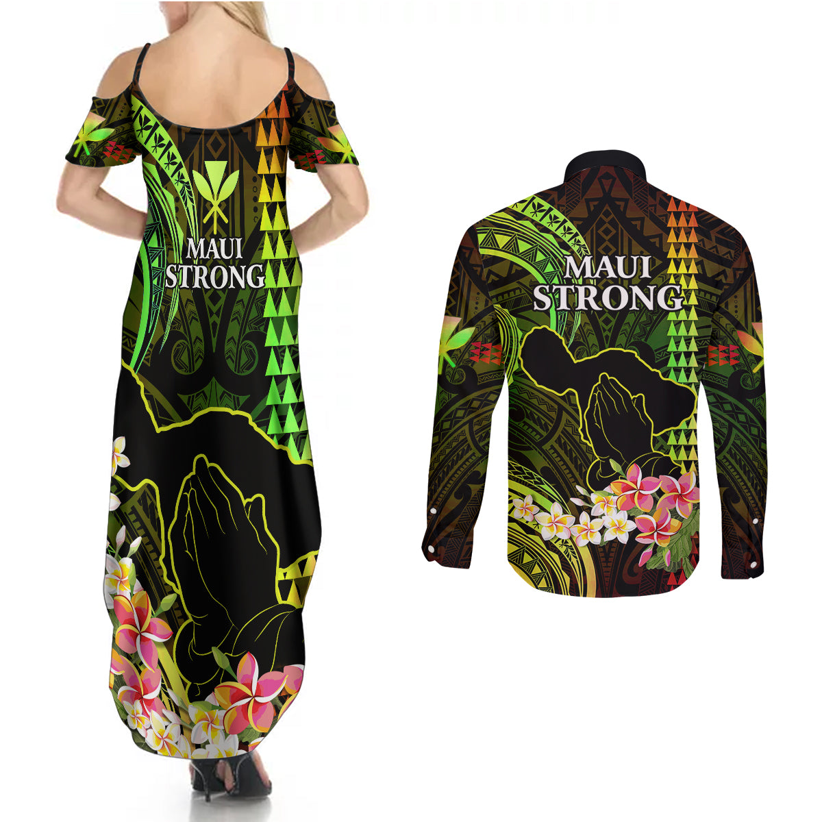 Hawaii Couples Matching Summer Maxi Dress and Long Sleeve Button Shirts Pray For Maui Hawaiian Plumeria Be Strong Reggae Verison LT14 - Polynesian Pride