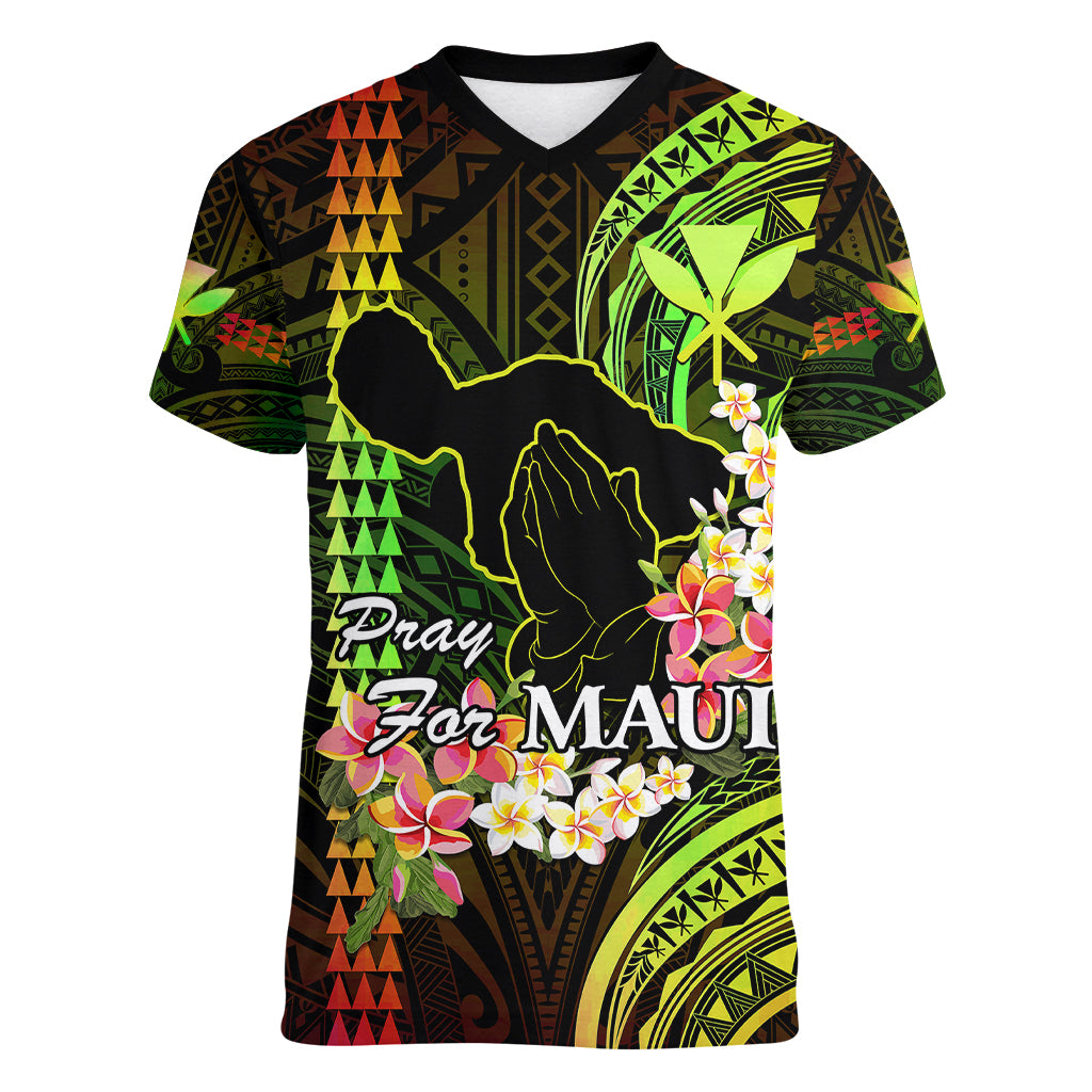 Hawaii Women V Neck T Shirt Pray For Maui Hawaiian Plumeria Be Strong Reggae Verison LT14 Female Reggae - Polynesian Pride