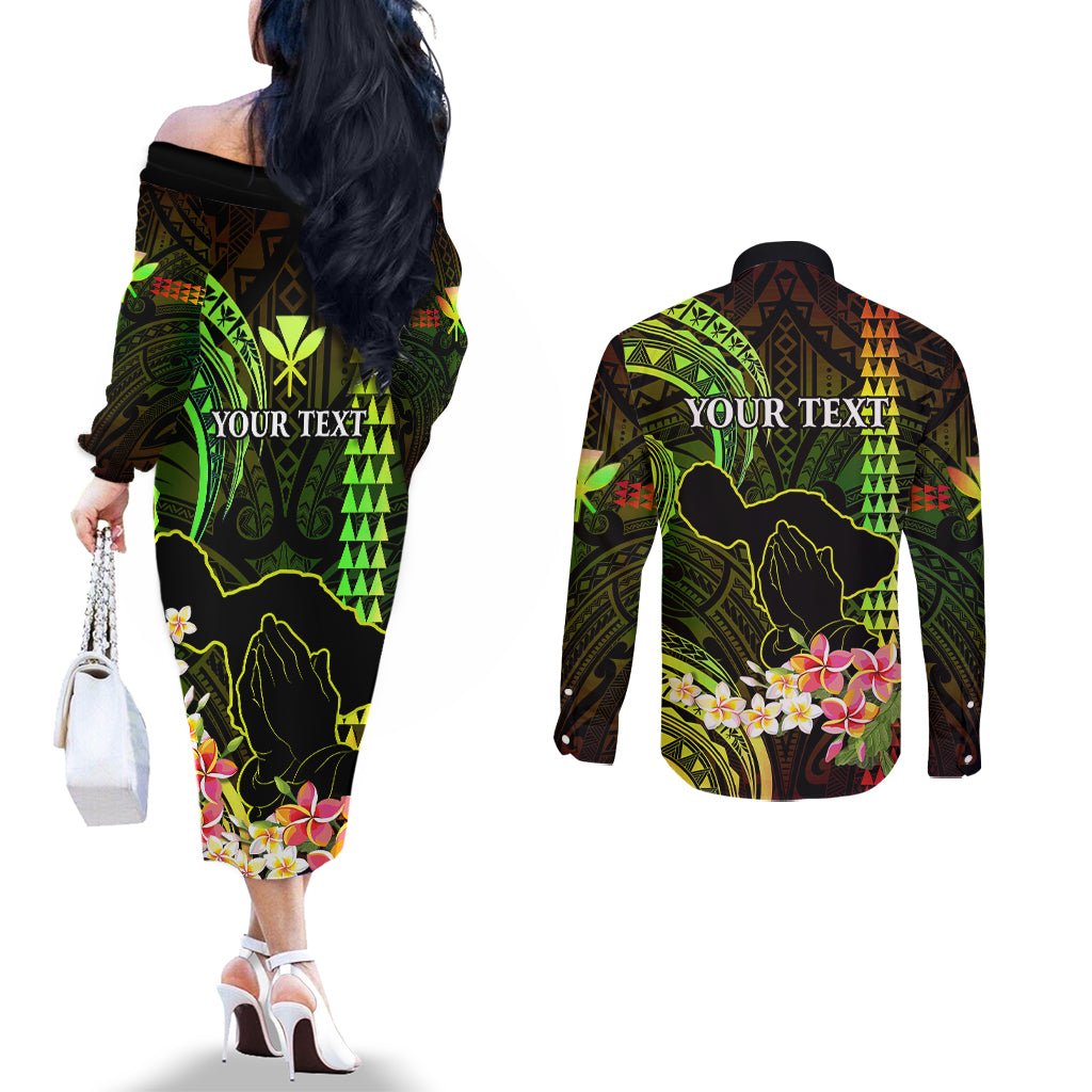Personalised Hawaii Couples Matching Off The Shoulder Long Sleeve Dress and Long Sleeve Button Shirts Pray For Maui Hawaiian Plumeria Be Strong Reggae Verison LT14 - Polynesian Pride