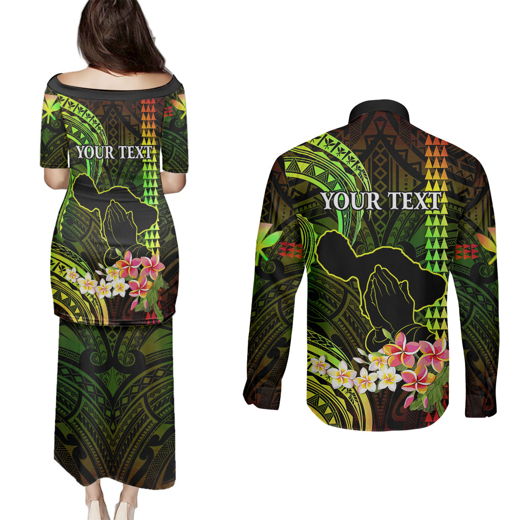 Personalised Hawaii Couples Matching Puletasi Dress and Long Sleeve Button Shirts Pray For Maui Hawaiian Plumeria Be Strong Reggae Verison LT14 - Polynesian Pride