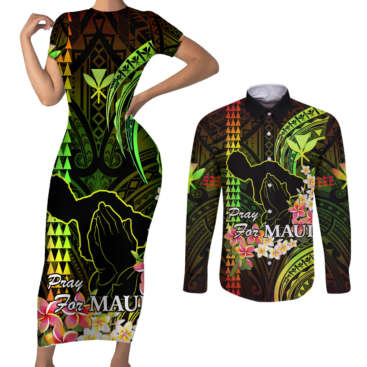 Personalised Hawaii Couples Matching Short Sleeve Bodycon Dress and Long Sleeve Button Shirts Pray For Maui Hawaiian Plumeria Be Strong Reggae Verison LT14 Reggae - Polynesian Pride