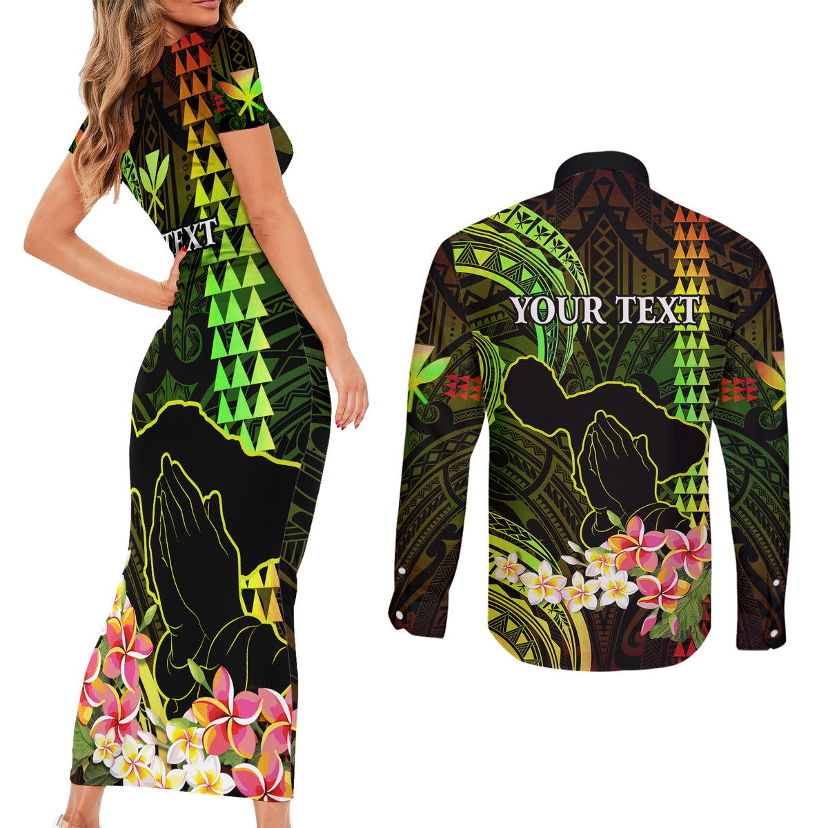 Personalised Hawaii Couples Matching Short Sleeve Bodycon Dress and Long Sleeve Button Shirts Pray For Maui Hawaiian Plumeria Be Strong Reggae Verison LT14 - Polynesian Pride
