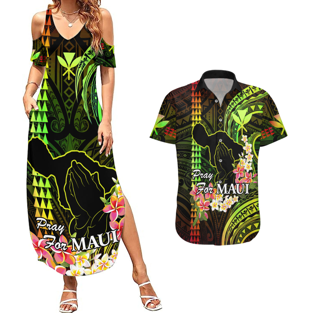 Personalised Hawaii Couples Matching Summer Maxi Dress and Hawaiian Shirt Pray For Maui Hawaiian Plumeria Be Strong Reggae Verison LT14 Reggae - Polynesian Pride