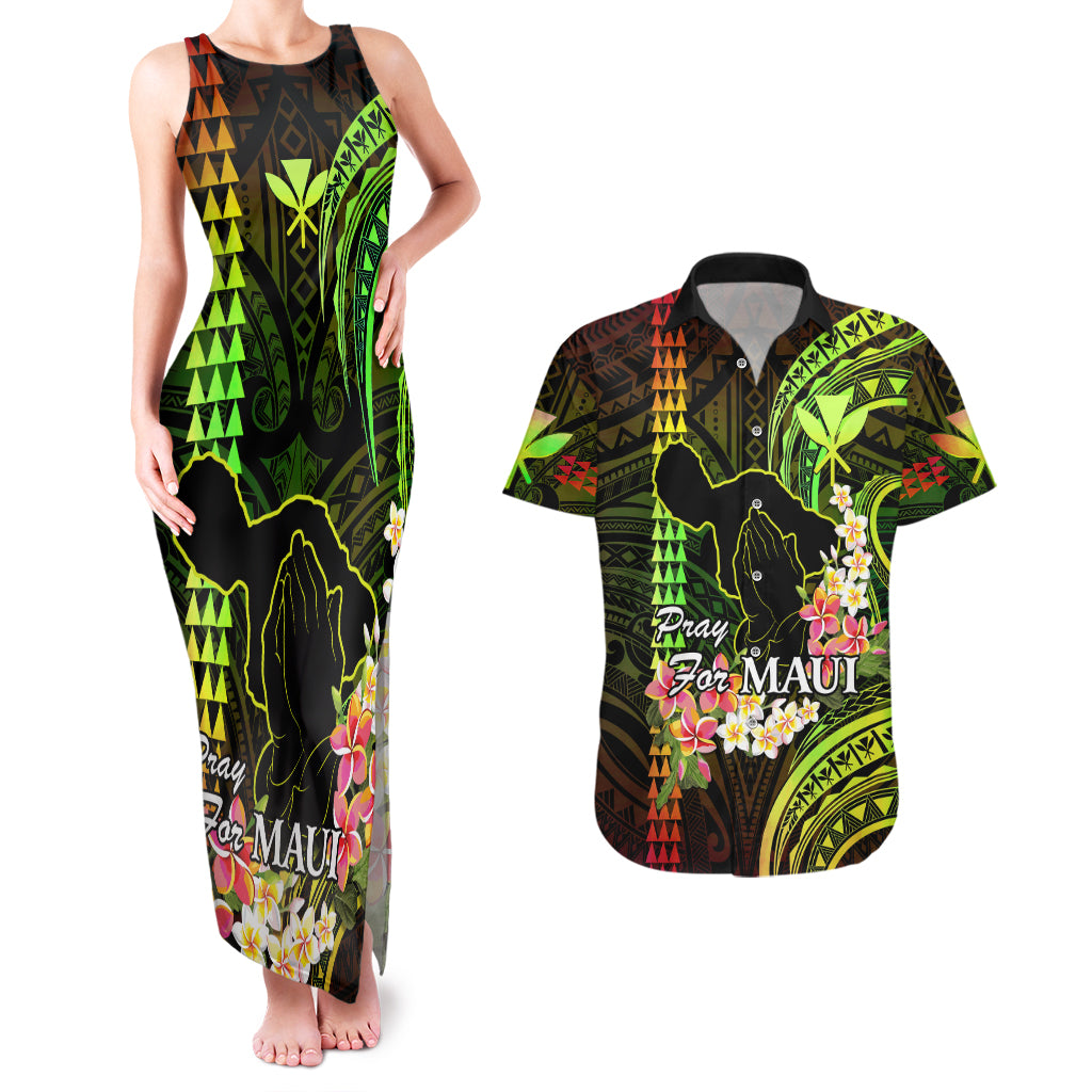 Personalised Hawaii Couples Matching Tank Maxi Dress and Hawaiian Shirt Pray For Maui Hawaiian Plumeria Be Strong Reggae Verison LT14 Reggae - Polynesian Pride