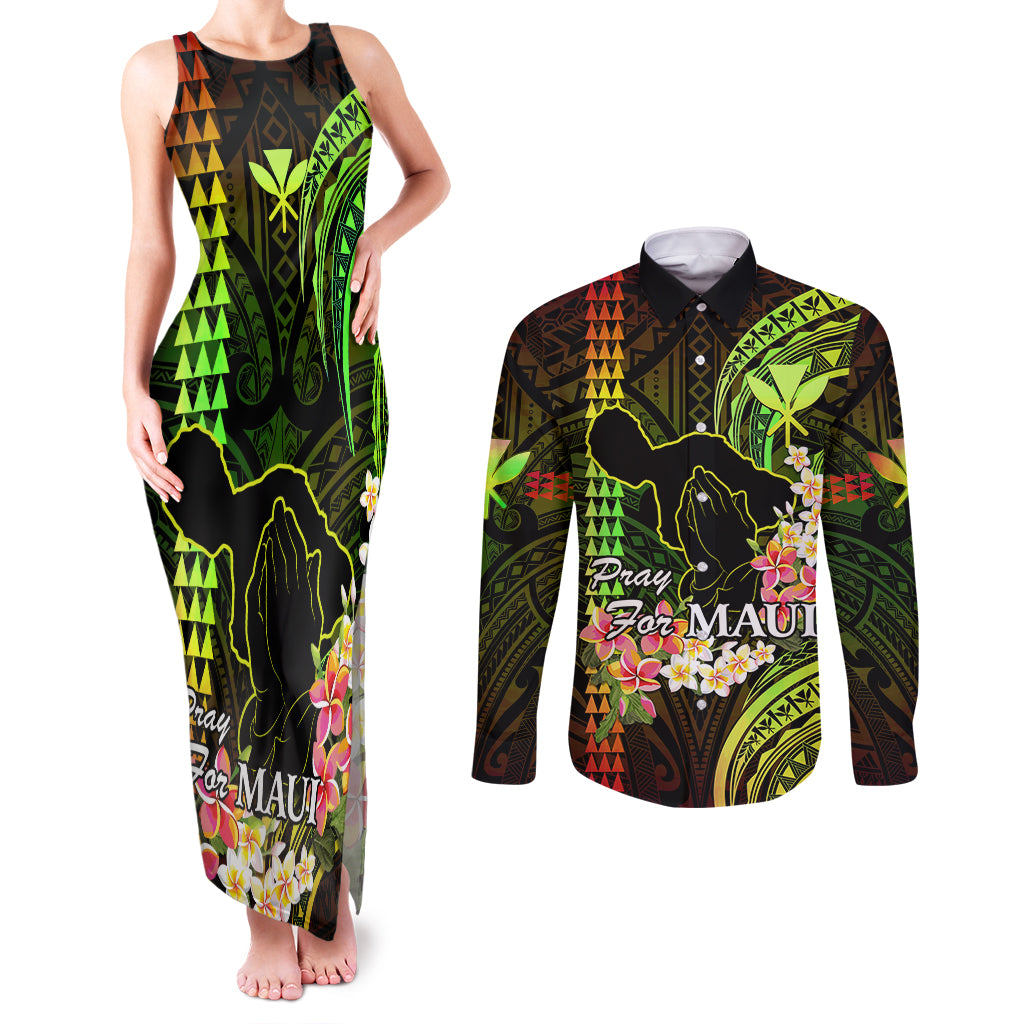 Personalised Hawaii Couples Matching Tank Maxi Dress and Long Sleeve Button Shirts Pray For Maui Hawaiian Plumeria Be Strong Reggae Verison LT14 Reggae - Polynesian Pride