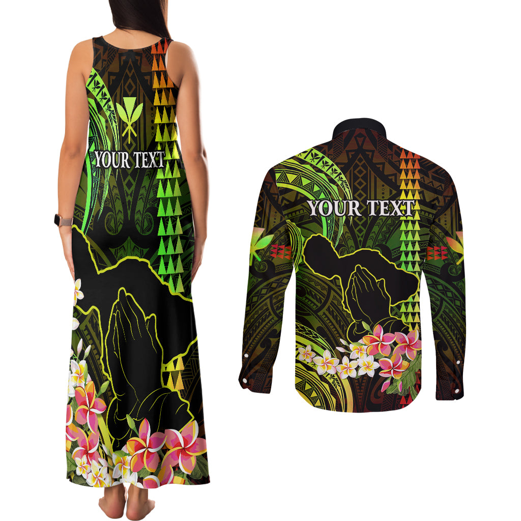 Personalised Hawaii Couples Matching Tank Maxi Dress and Long Sleeve Button Shirts Pray For Maui Hawaiian Plumeria Be Strong Reggae Verison LT14 - Polynesian Pride