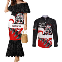 Personalised Te Reo Maori New Zealand Couples Matching Mermaid Dress and Long Sleeve Button Shirts Kia Haka Maori Fern With Tino Rangatiratanga LT14 Red - Polynesian Pride