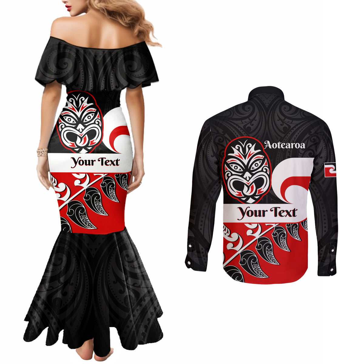 Personalised Te Reo Maori New Zealand Couples Matching Mermaid Dress and Long Sleeve Button Shirts Kia Haka Maori Fern With Tino Rangatiratanga LT14 - Polynesian Pride