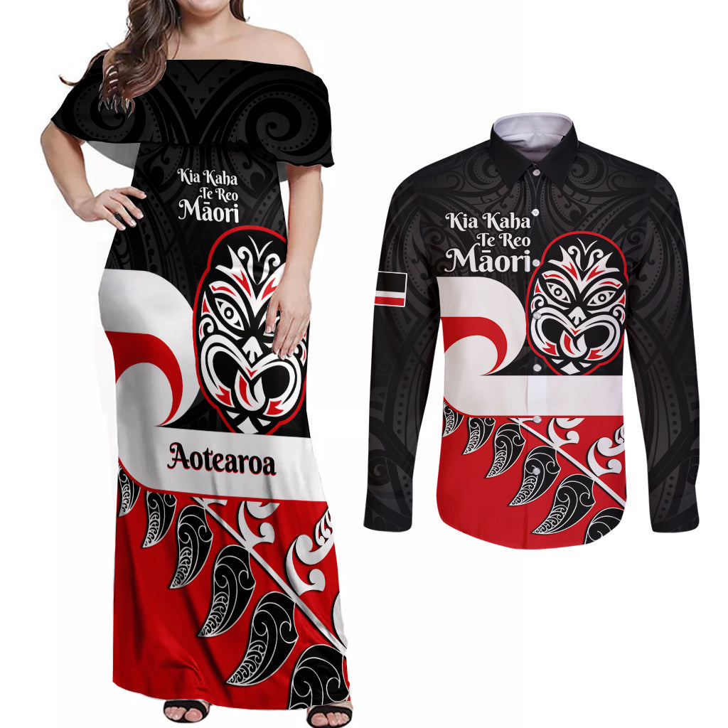 Personalised Te Reo Maori New Zealand Couples Matching Off Shoulder Maxi Dress and Long Sleeve Button Shirts Kia Haka Maori Fern With Tino Rangatiratanga LT14 Red - Polynesian Pride