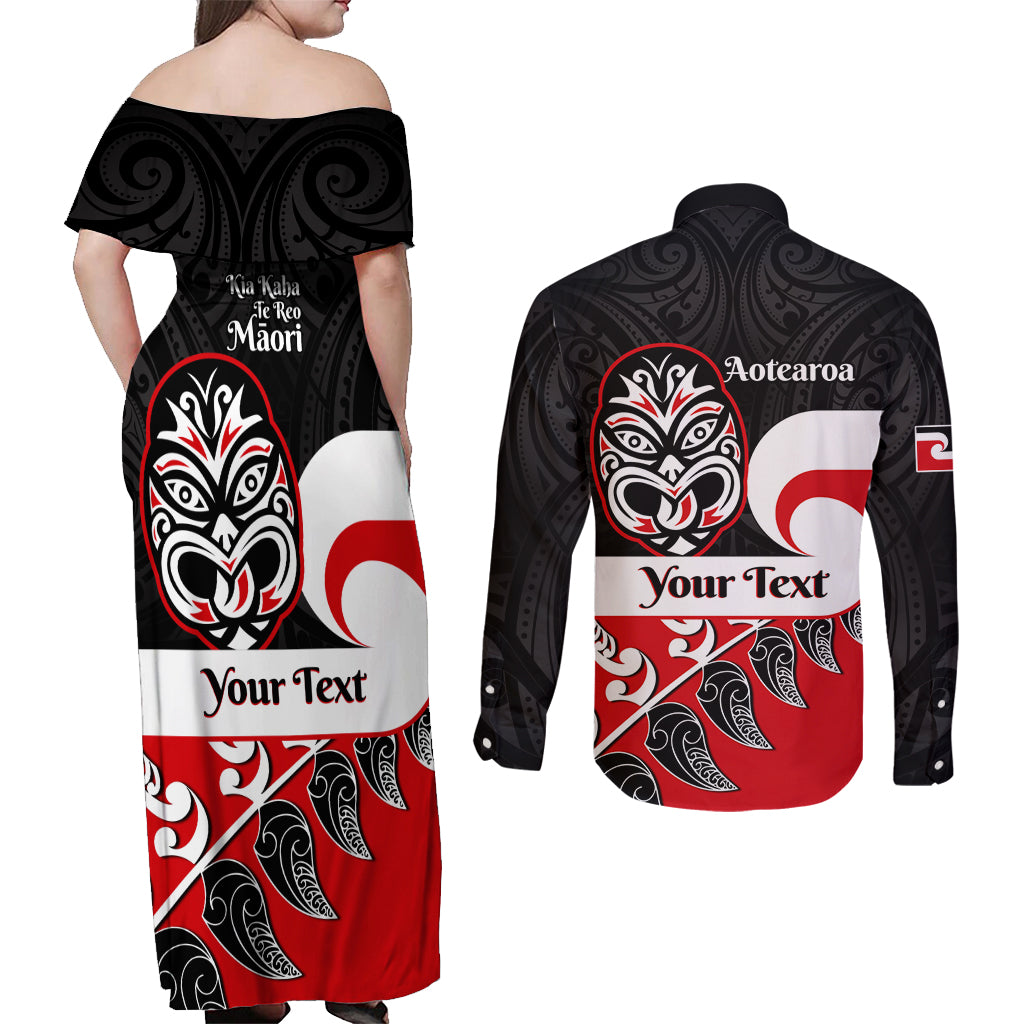 Personalised Te Reo Maori New Zealand Couples Matching Off Shoulder Maxi Dress and Long Sleeve Button Shirts Kia Haka Maori Fern With Tino Rangatiratanga LT14 - Polynesian Pride