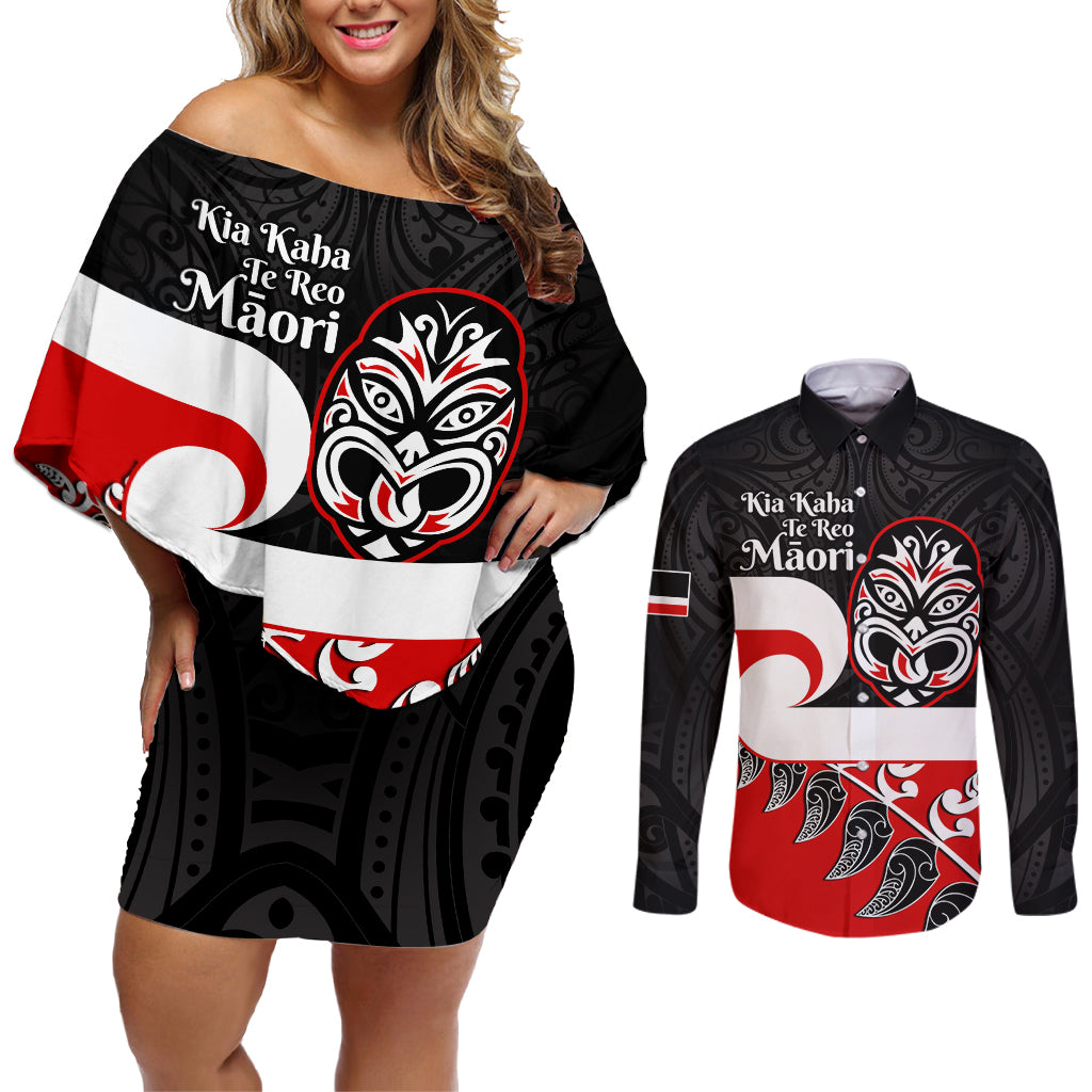 Personalised Te Reo Maori New Zealand Couples Matching Off Shoulder Short Dress and Long Sleeve Button Shirts Kia Haka Maori Fern With Tino Rangatiratanga LT14 Red - Polynesian Pride