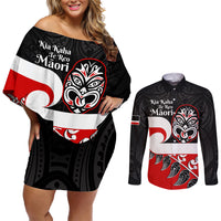 Personalised Te Reo Maori New Zealand Couples Matching Off Shoulder Short Dress and Long Sleeve Button Shirts Kia Haka Maori Fern With Tino Rangatiratanga LT14 Red - Polynesian Pride