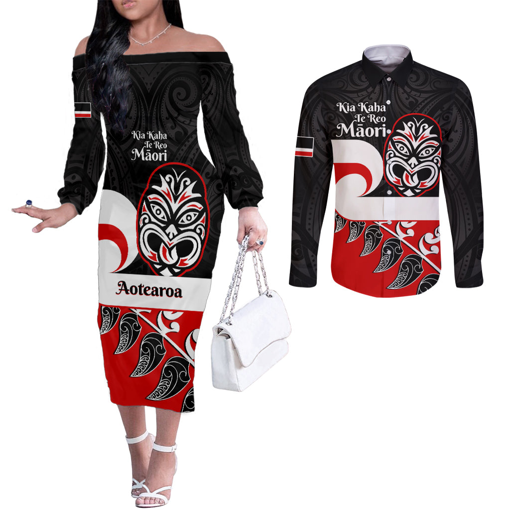 Personalised Te Reo Maori New Zealand Couples Matching Off The Shoulder Long Sleeve Dress and Long Sleeve Button Shirts Kia Haka Maori Fern With Tino Rangatiratanga LT14 Red - Polynesian Pride