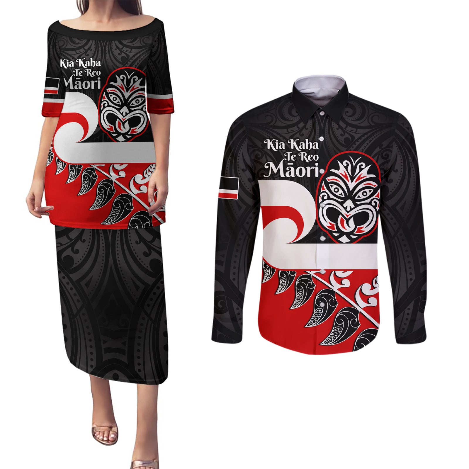 Personalised Te Reo Maori New Zealand Couples Matching Puletasi Dress and Long Sleeve Button Shirts Kia Haka Maori Fern With Tino Rangatiratanga LT14 Red - Polynesian Pride