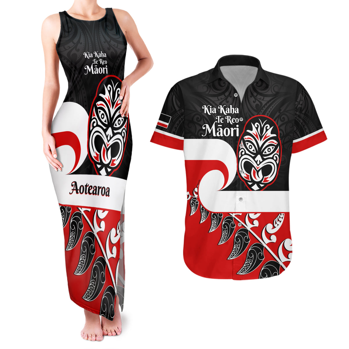 Personalised Te Reo Maori New Zealand Couples Matching Tank Maxi Dress and Hawaiian Shirt Kia Haka Maori Fern With Tino Rangatiratanga LT14 Red - Polynesian Pride