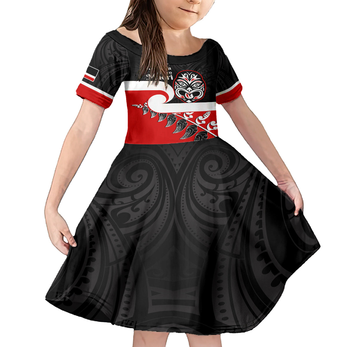 Personalised Te Reo Maori New Zealand Family Matching Off Shoulder Short Dress and Hawaiian Shirt Kia Haka Maori Fern With Tino Rangatiratanga LT14 Daughter's Dress Red - Polynesian Pride